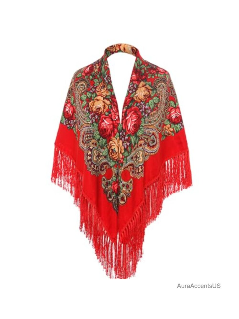 Russian Folk Floral Shawl Wrap Tassel Fringe Oversized Scarf